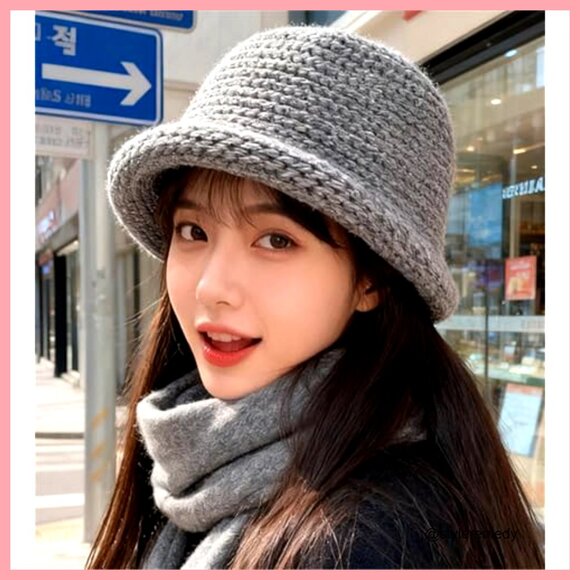 Vintage Knitted Bucket Hat Acrylic Winter Warm Crochet Cap